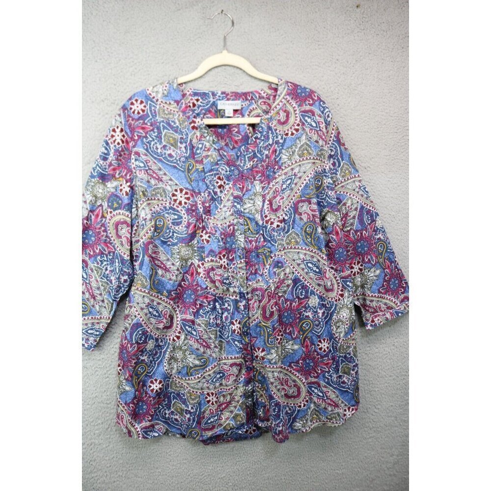 Catherine's 3/4 Sleeve Pintucked Paisley Tunic-Size 1X-Cotton
